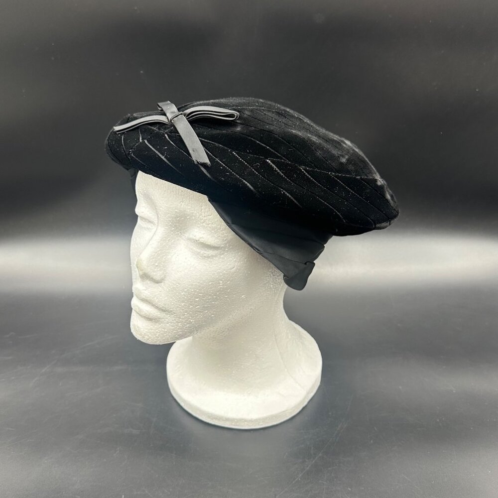 Vintage Beret Hat 1950s Black Velvet Satin Bow Modern Miss Formal Church
